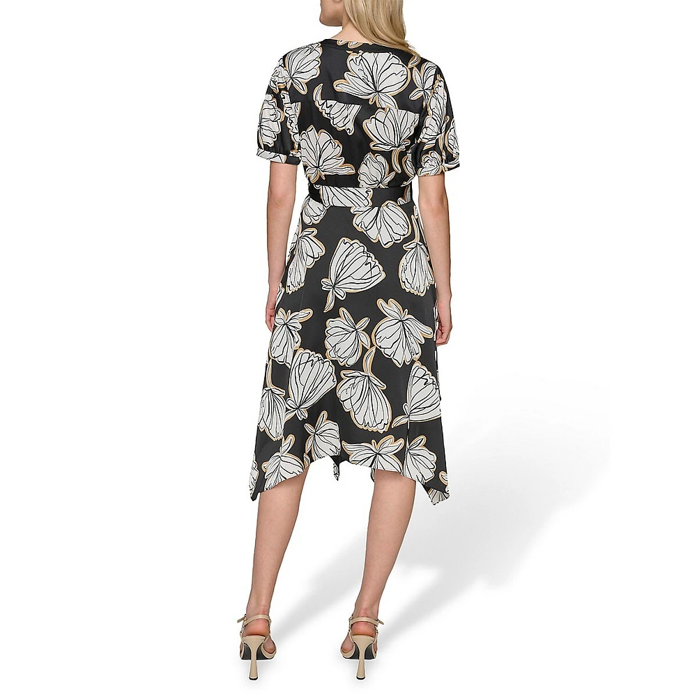 Floral Satin Handerchief-Hem Midi Shirt Dress