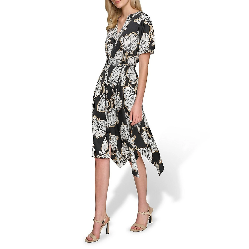 Floral Satin Handerchief-Hem Midi Shirt Dress