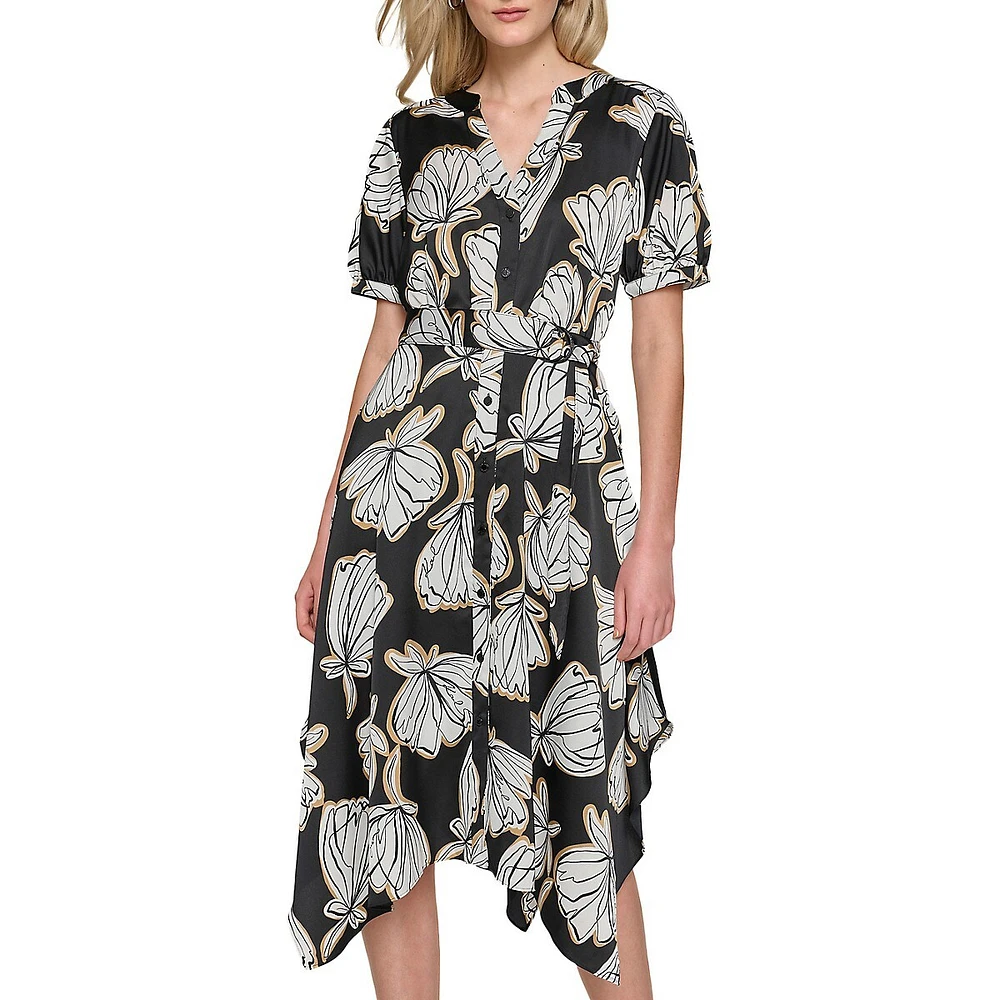 Floral Satin Handerchief-Hem Midi Shirt Dress