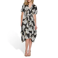 Floral Satin Handerchief-Hem Midi Shirt Dress