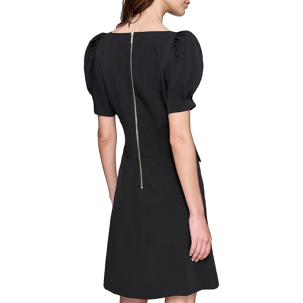 Tech Crepe Puff-Sleeve A-Line Dress