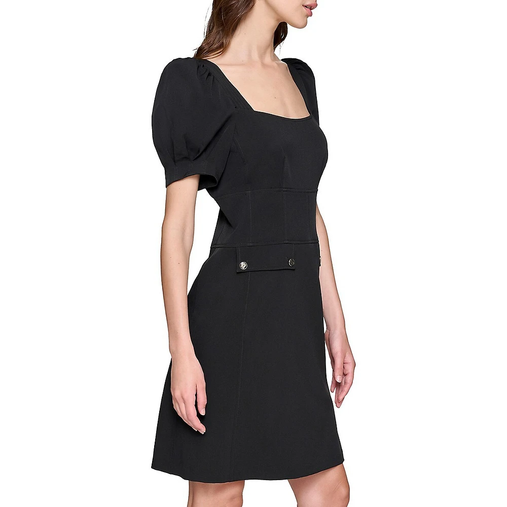 Tech Crepe Puff-Sleeve A-Line Dress