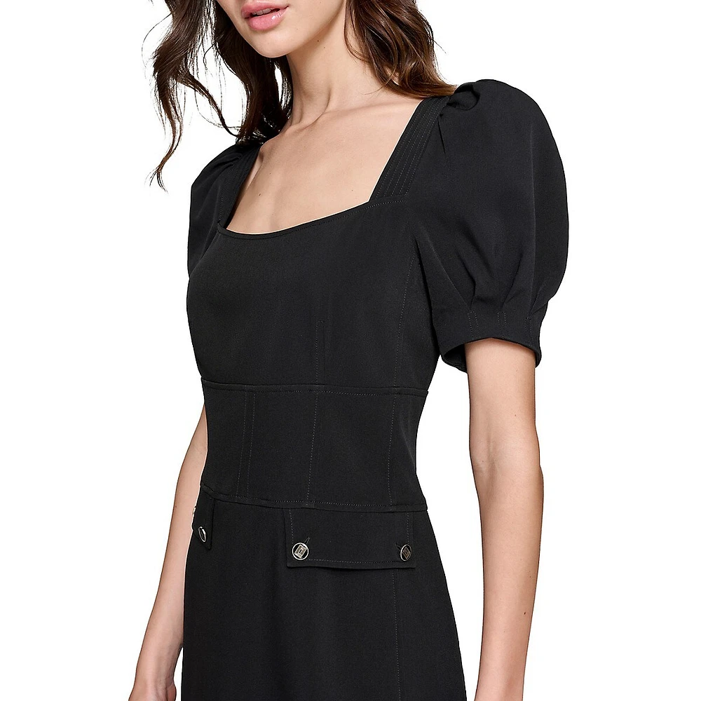 Tech Crepe Puff-Sleeve A-Line Dress