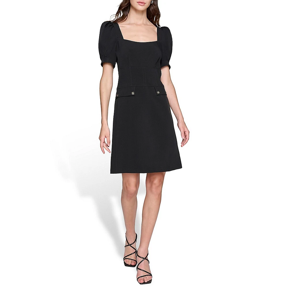 Tech Crepe Puff-Sleeve A-Line Dress