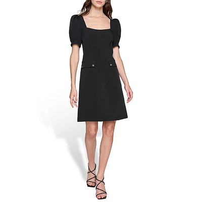 Tech Crepe Puff-Sleeve A-Line Dress