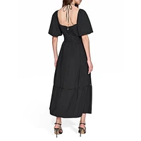 Puff-Sleeve Cross Halter-Tie Maxi Dress