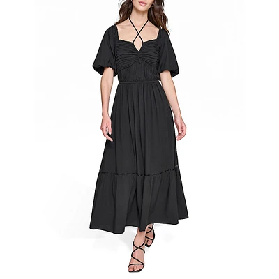 Puff-Sleeve Cross Halter-Tie Maxi Dress