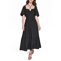 Puff-Sleeve Cross Halter-Tie Maxi Dress