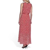 Floral-Print Chiffon Sleeveless Gathered Midi Dress