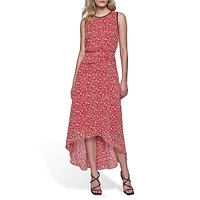 Floral-Print Chiffon Sleeveless Gathered Midi Dress