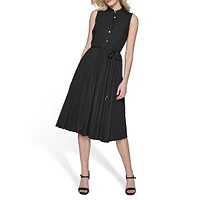 Sleeveless Poplin Pleated-Skirt Shirt Dress