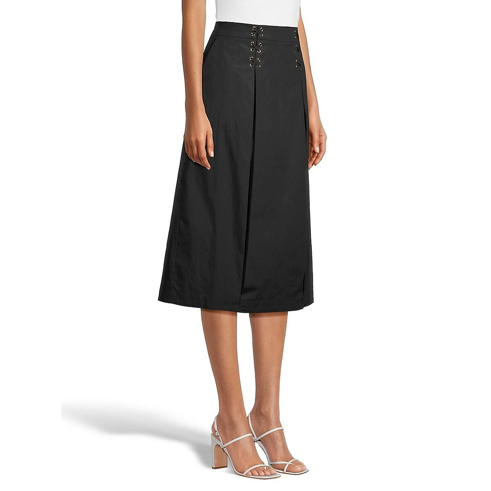 Grommet & Lacing-Detail Poplin Midi Skirt