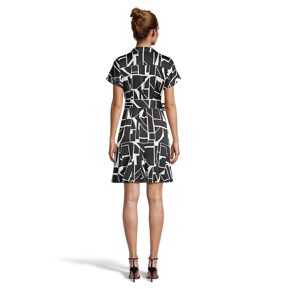 Geo-Print Short-Sleeve Godet Fit-&-Flare Dress