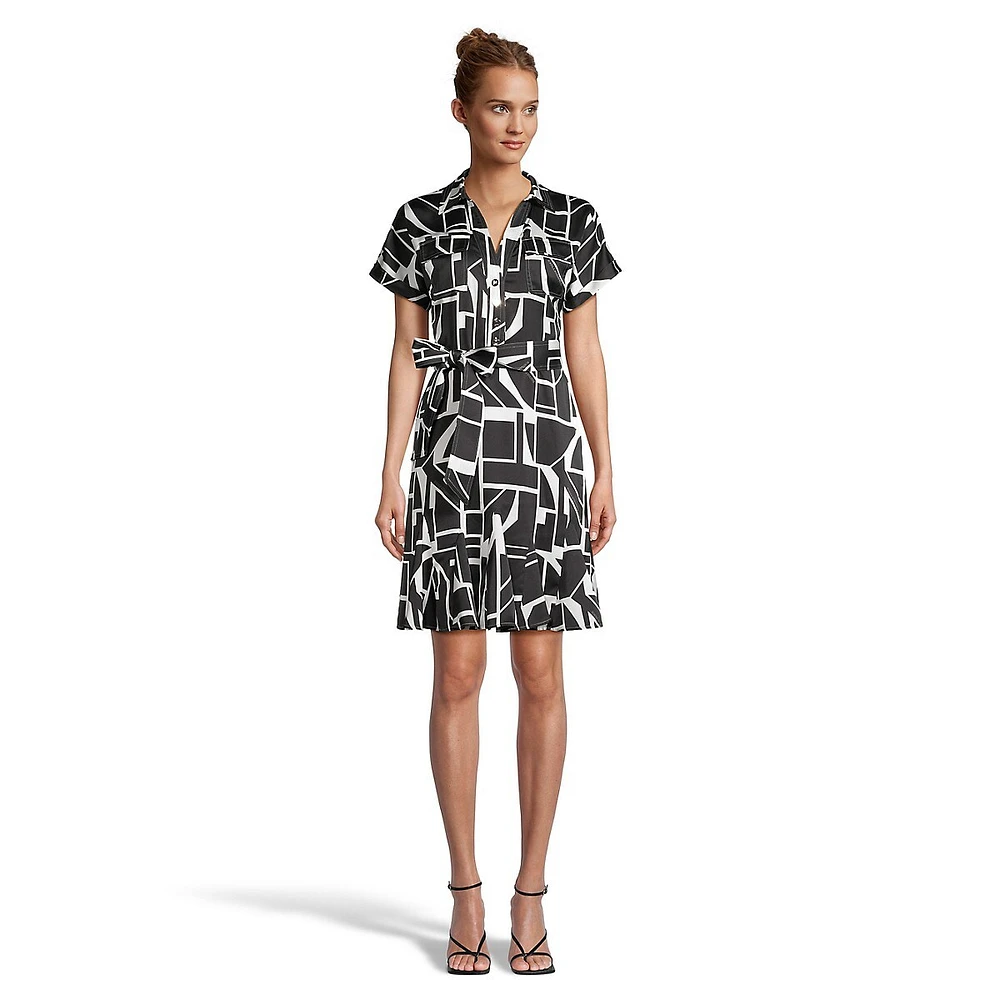 Geo-Print Short-Sleeve Godet Fit-&-Flare Dress