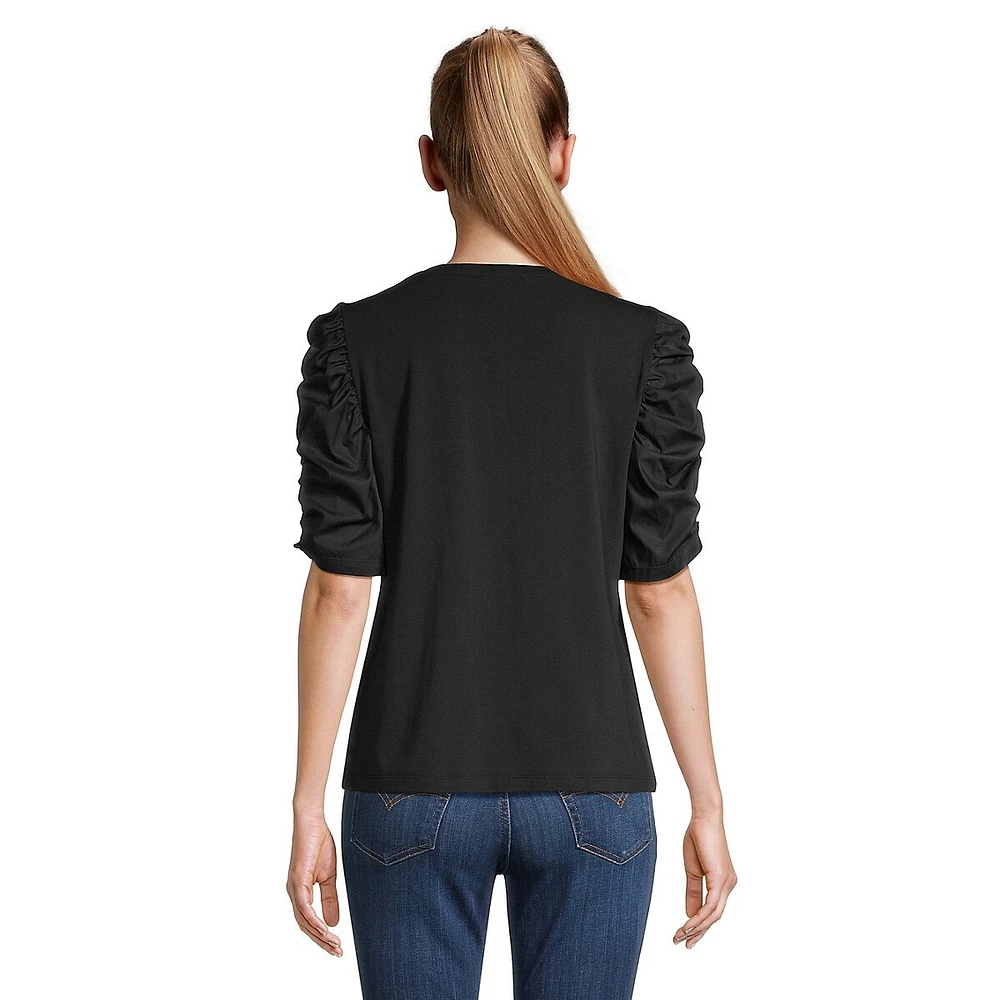 Ruched-Short-Sleeve Patch-Detail V-Neck Top