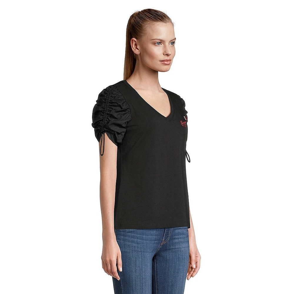 Ruched-Short-Sleeve Patch-Detail V-Neck Top