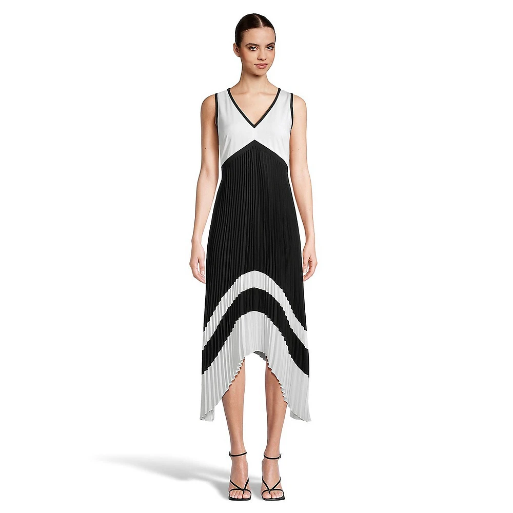 Sleeveless Pleated Colourblock Asymmetrical Dress