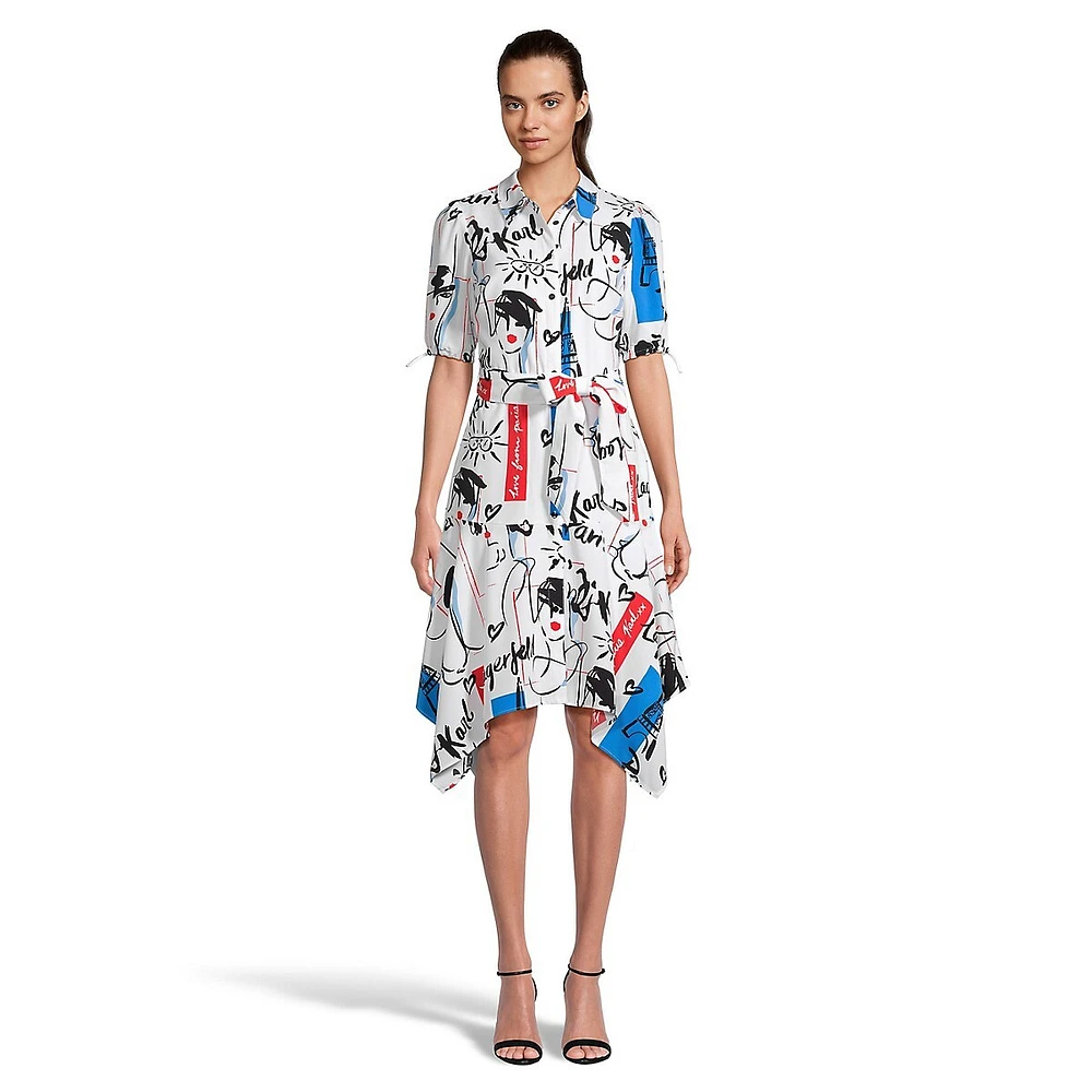 Puff-Sleeve Icons-Print Shirtdress