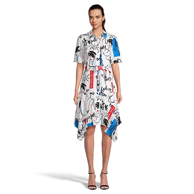 Puff-Sleeve Icons-Print Shirtdress