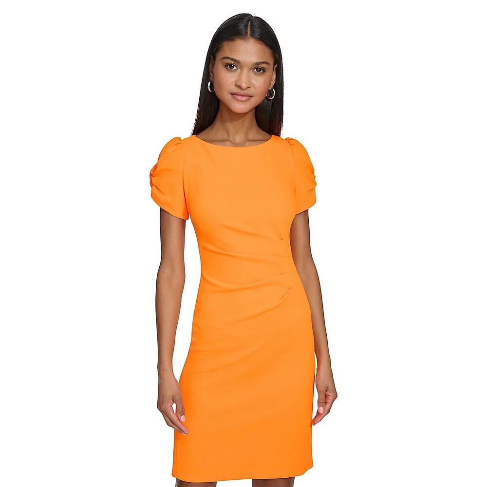 Puff-Sleeve Ruched Scuba Crepe Sheath Dress