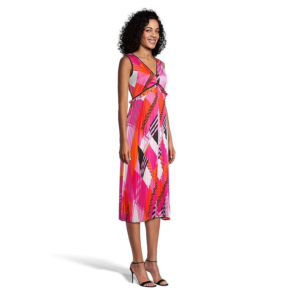 Pleated Geo-Print Midi Dress