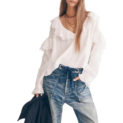 Long-Sleeve Ruffle Linen Top