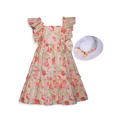 Little Girl's 2-Piece Floral Flounce Dress & Hat Set