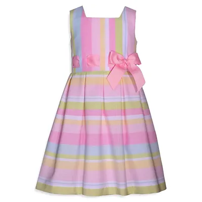 Little Girl's Traditional Striped Ribbon-Tie Fit-&-Flare Dress
