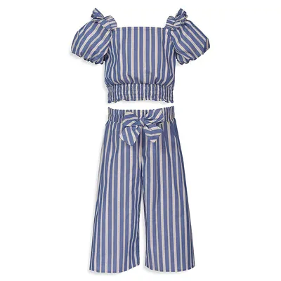 Girl's 2-Piece Striped Crop Top Pant Set