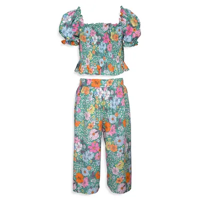 Girl's 2-Piece Floral Smocked Top and Pants Set