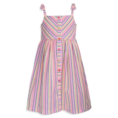 Little Girl's Knotted Sleeveless Seersucker A-Line Dress
