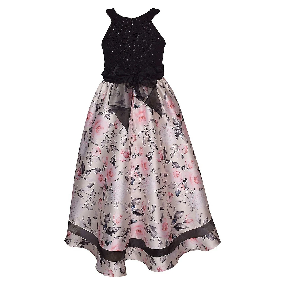 Girl's Sparkle Knit & Floral Mikado Dress