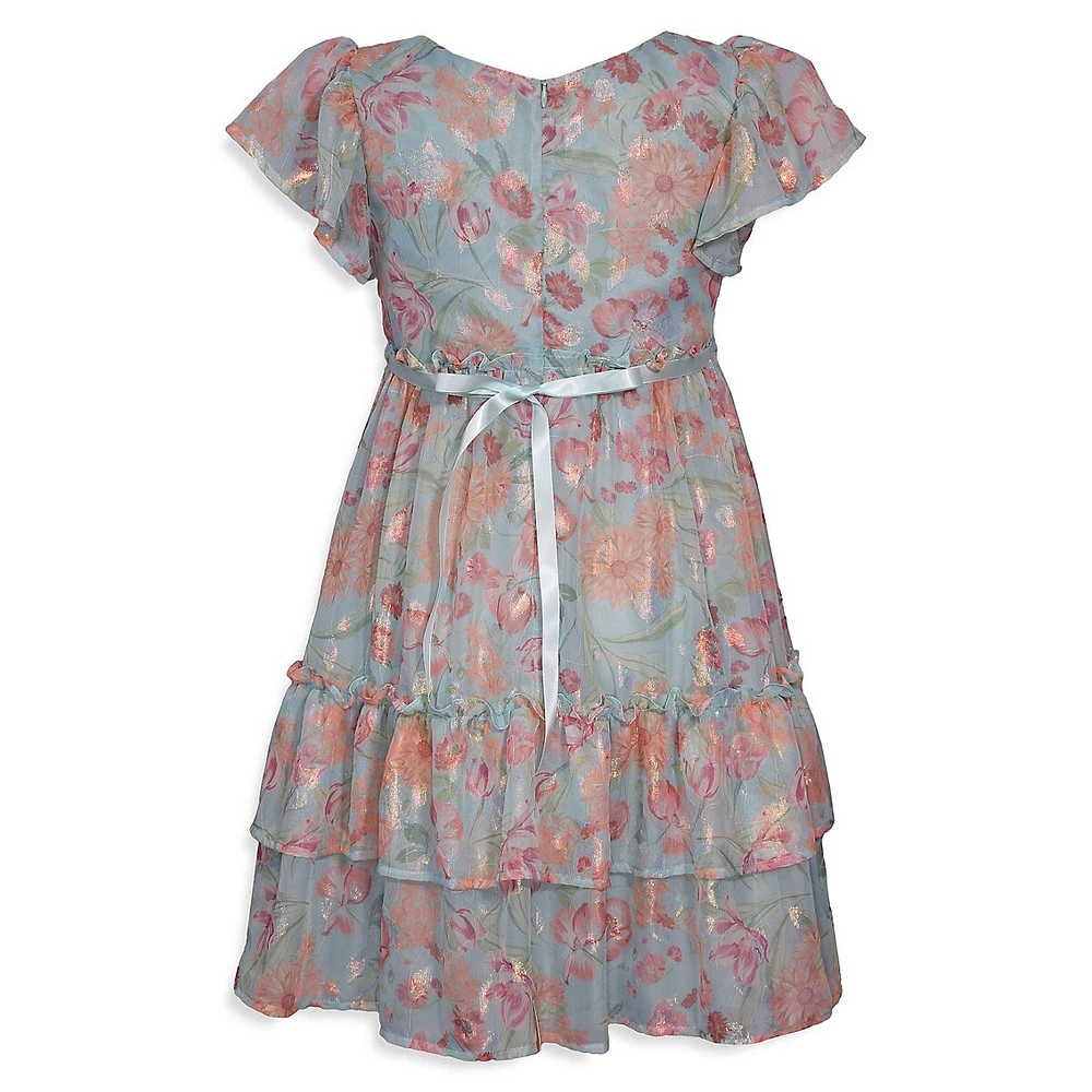 Little Girl's Floral Chiffon & Lurex Tiered Party Dress