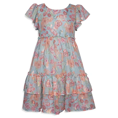 Little Girl's Floral Chiffon & Lurex Tiered Party Dress