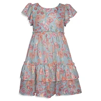 Little Girl's Floral Chiffon & Lurex Tiered Party Dress