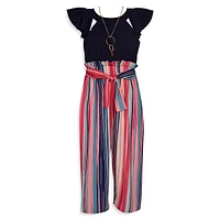 Girl's Knit-To-Stripes Jumpsuit & Necklace Set