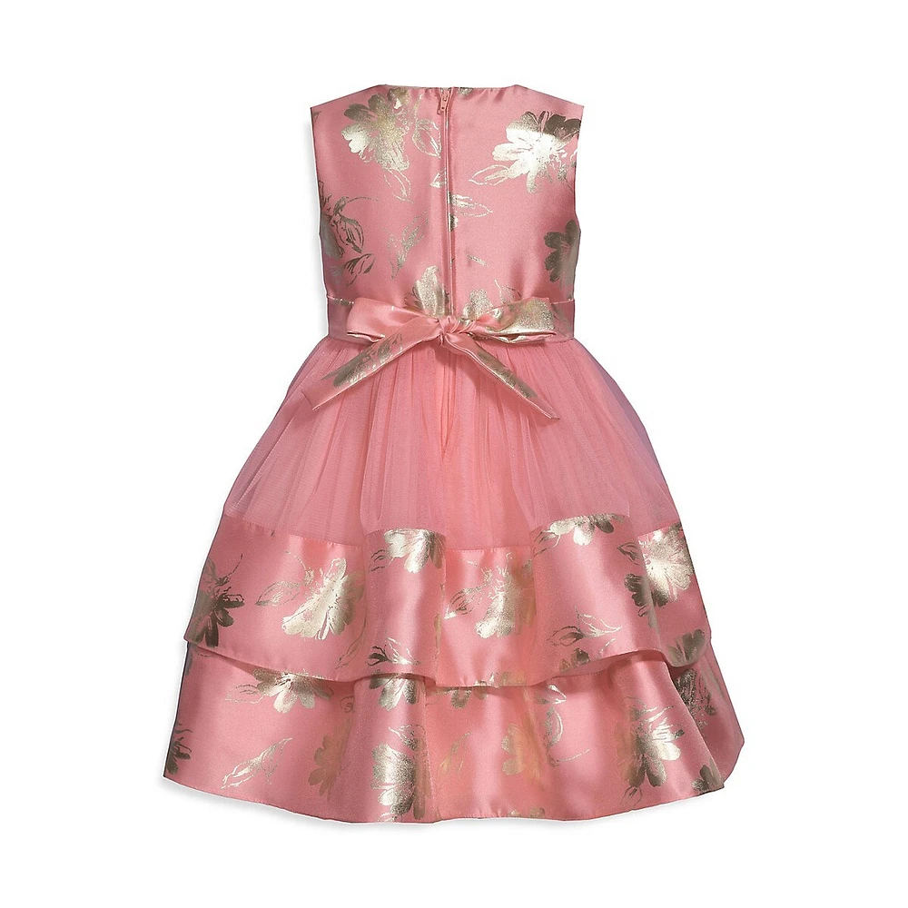 Little Girl's Floral Foil-Print & Mesh Tiered Occasion Dress