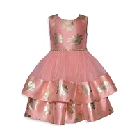 Little Girl's Floral Foil-Print & Mesh Tiered Occasion Dress