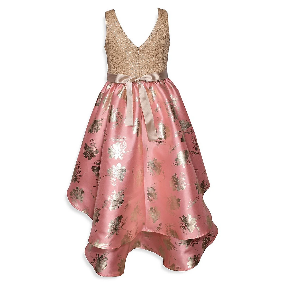 Girl's Sequin & Foil Floral-Print Special Occasion Dress