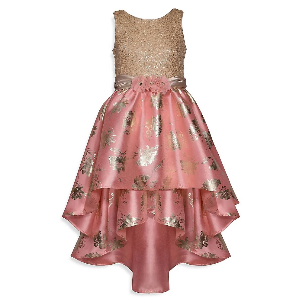 Girl's Sequin & Foil Floral-Print Special Occasion Dress