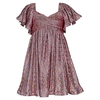 Girl's Glitter Pleated Flutter-Sleeve Party Dress