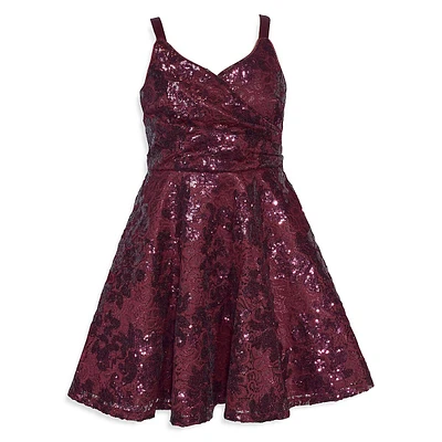 Girl's Strappy Crossover Foral Lace Sequin Party Dress