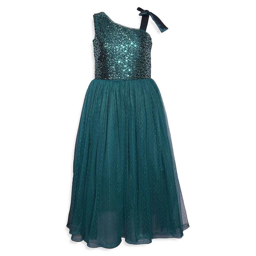 Girl's One-Shoulder Sequin Mesh Ballgown