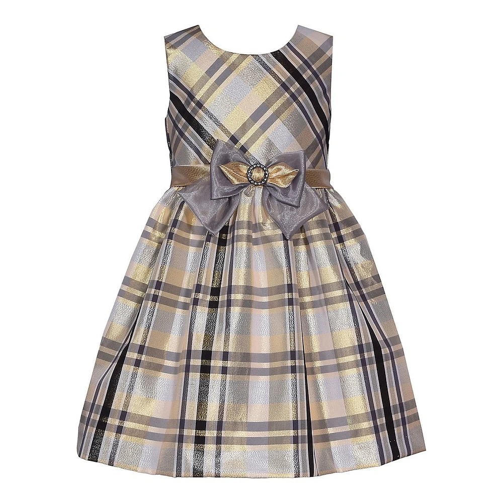 Little Girl's Sleeveless Taffeta Plaid Dress & Stretch Velvet Cardigan