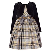 Little Girl's Sleeveless Taffeta Plaid Dress & Stretch Velvet Cardigan