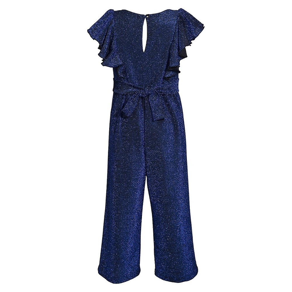 Girl's Sparkle Flutter-Sleeve Jumpsuit