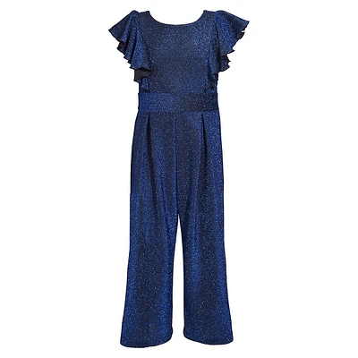 Girl's Sparkle Flutter-Sleeve Jumpsuit