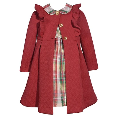 Little Girl's Taffeta Plaid Dress & Ruffled Knit Coat