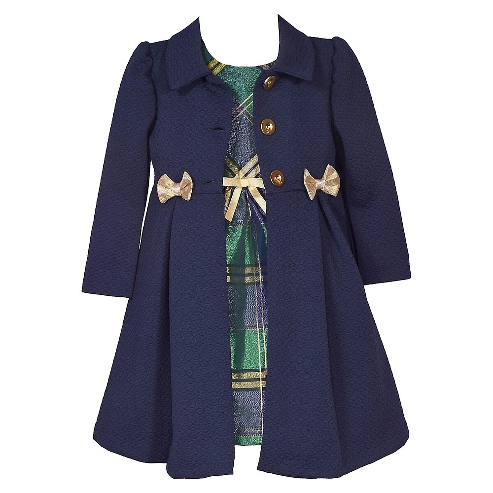 Little Girl's Taffeta Plaid Dress & Textured Collar Bow Coat