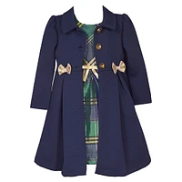 Little Girl's Taffeta Plaid Dress & Textured Collar Bow Coat